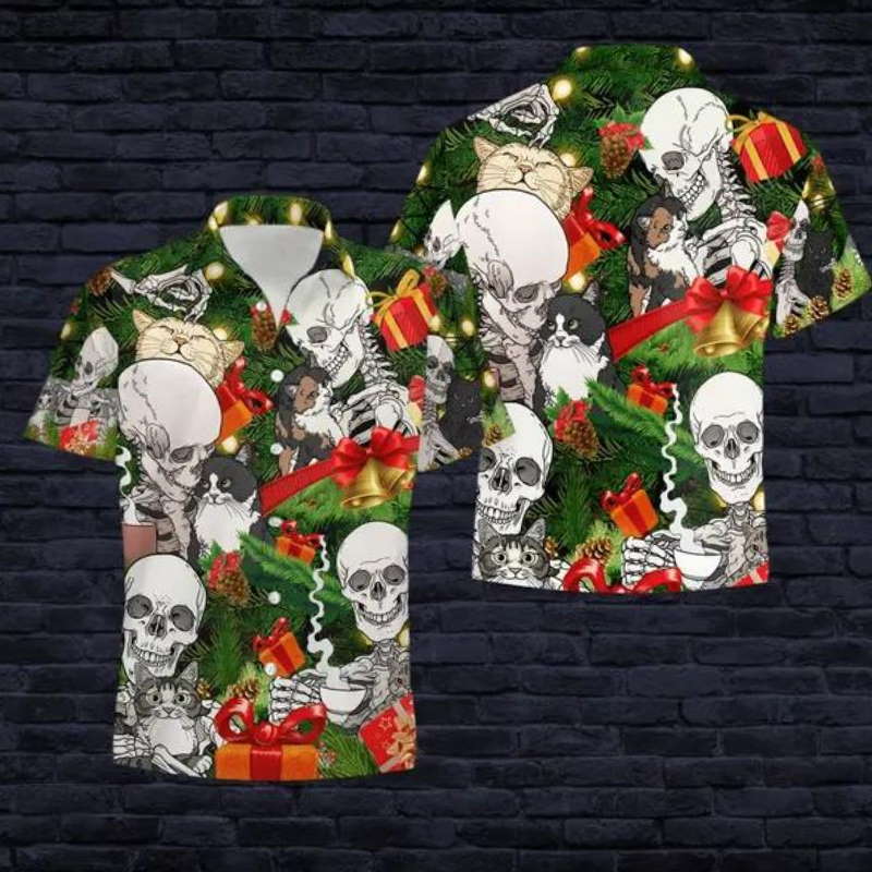 Skull And Cat Christmas Hawaiian Shirt