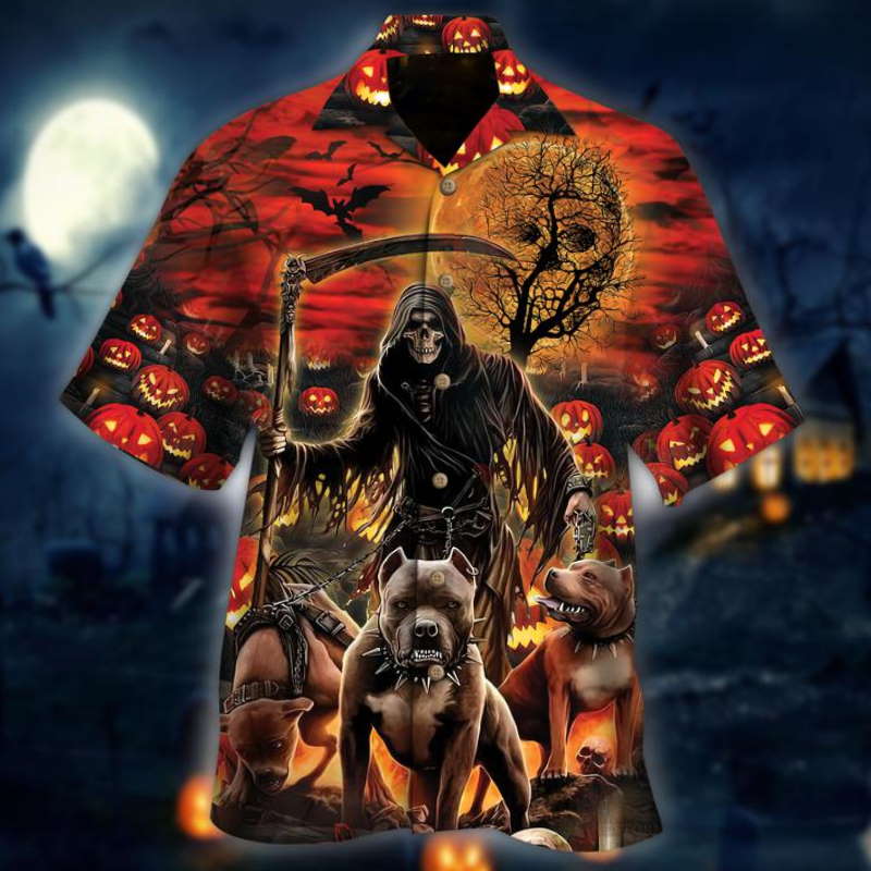 The Grim Reaper And Hound Halloween Hawaiian Shirt