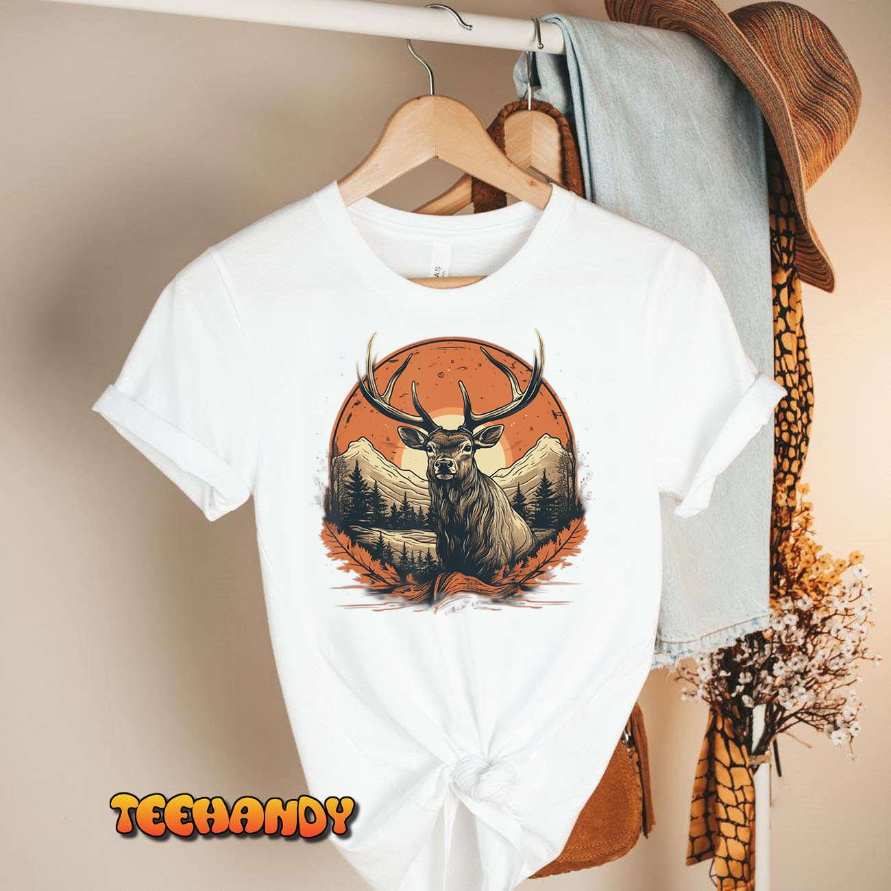 Vintage Elk Design with Sunset Background for Retro Lovers T-Shirt