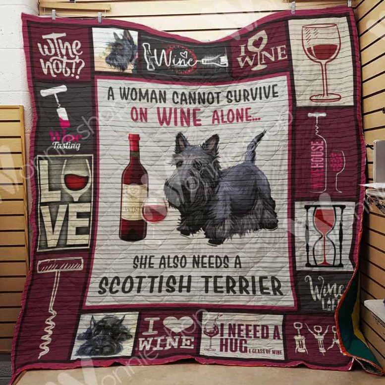 Wine And Scottish Terrier 3D Customized Quilt Blanket