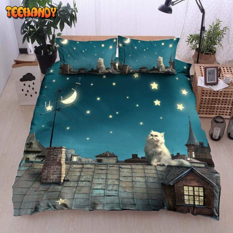 3D Cat On The Roof At The Moon Night Bedding Set