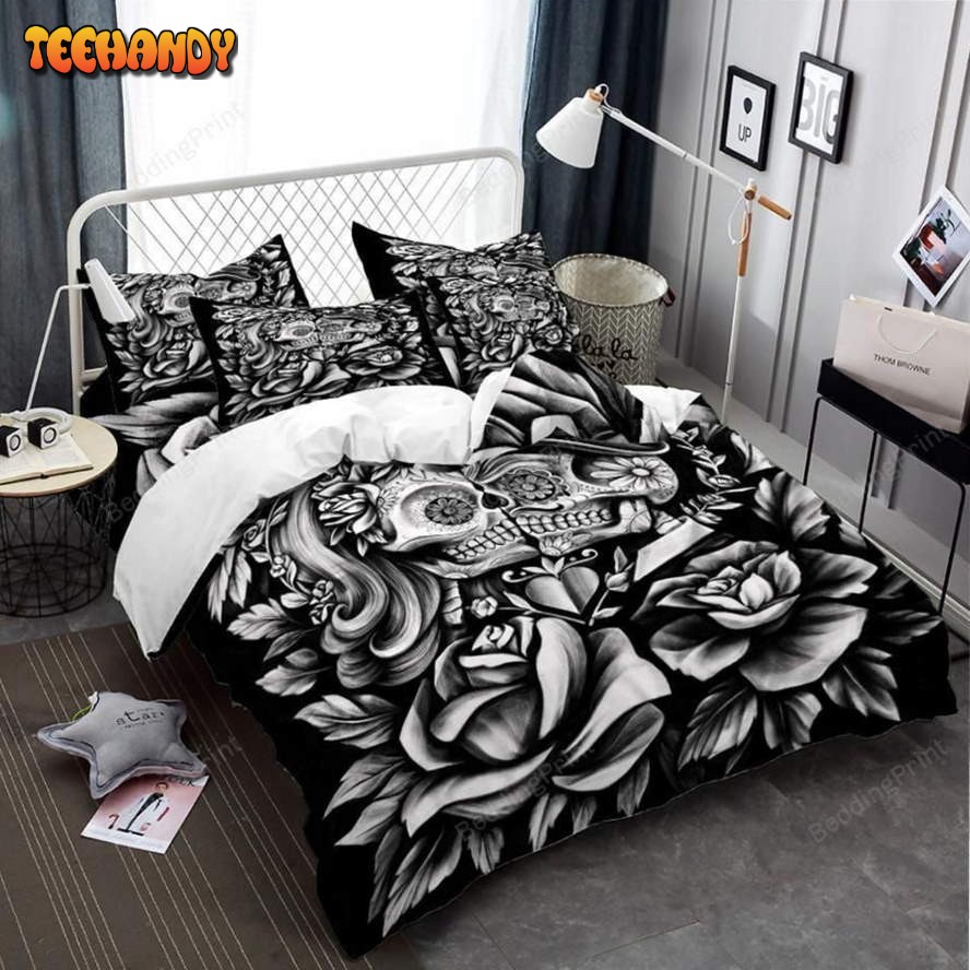 3d Couples Rose Sugar Skull King Queen Duvet Cover Bedding Set