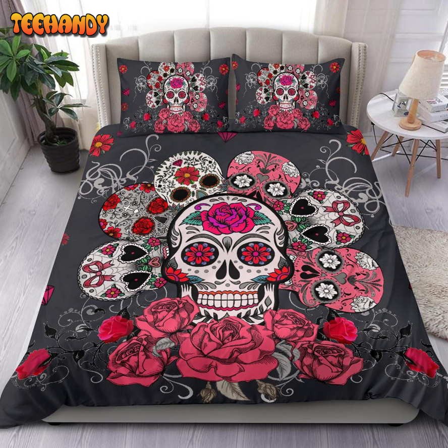 3D Skull With Roses Bed Sheets Duvet Cover Bedding Set