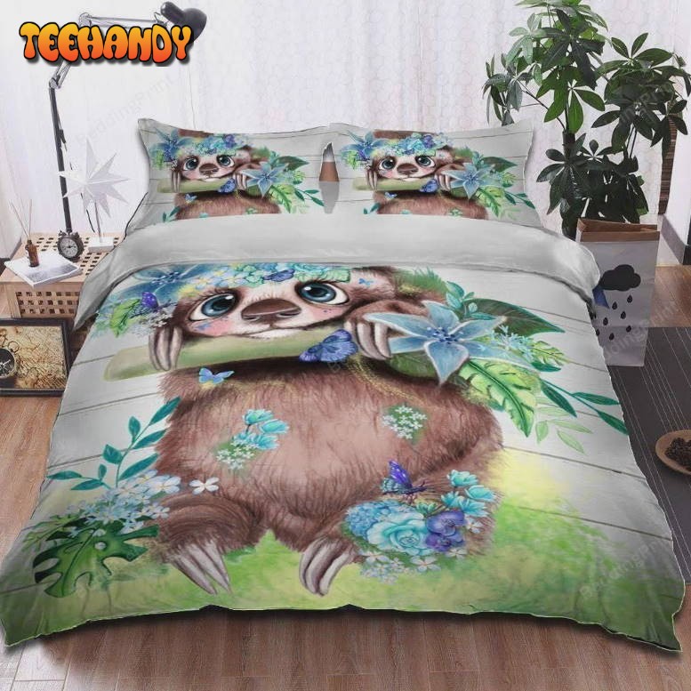 Adorable Sloth With Flowers Duvet Cover Bedding Set