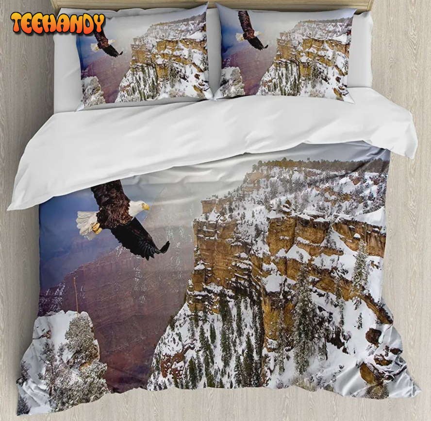 Africa Aerial View Of Bald Eagle Flying In The Snow Rocky Arizona USA Bedding Set