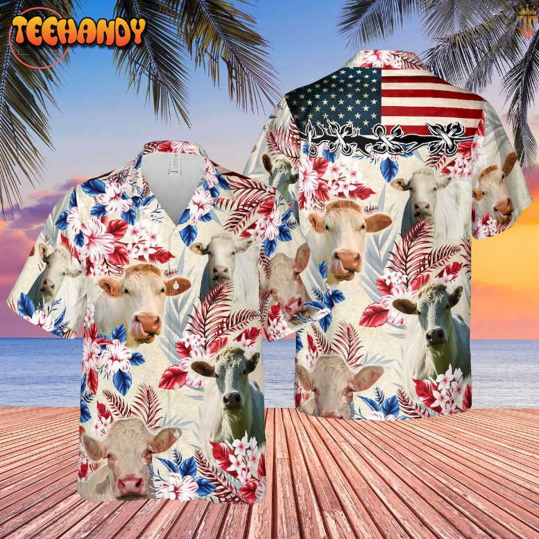 Charolais Cattle American Flag Hawaiian Shirt