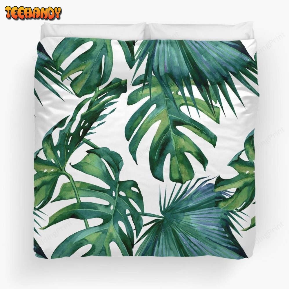 Classic Green Tropical Monstera Leaf Jungle Palm Pattern Bedding Set