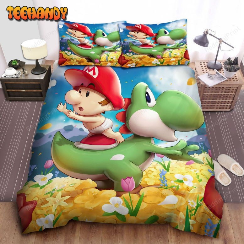 Cute Baby Mario And Yoshi In Flower Garden Duvet Cover Bedding Set