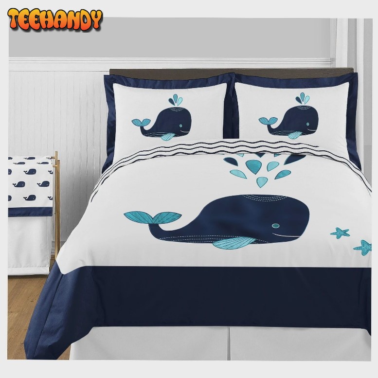 Cute Navy Blue Whale Duvet Cover Bedding Set