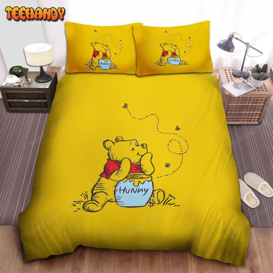 Disney Winnie The Pooh And Hunny Pot Drawing On Yellow Bedding Sets