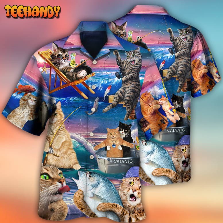 Fishing Cat Cute Beach Art Style Hawaiian Shirt