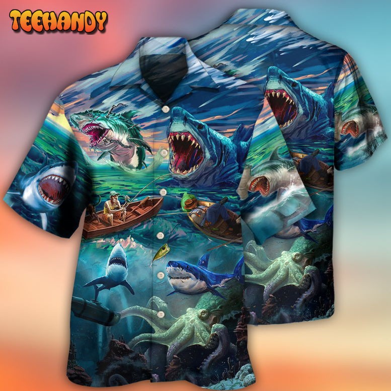 Fishing Shark Crazy Art Style Hawaiian Shirt