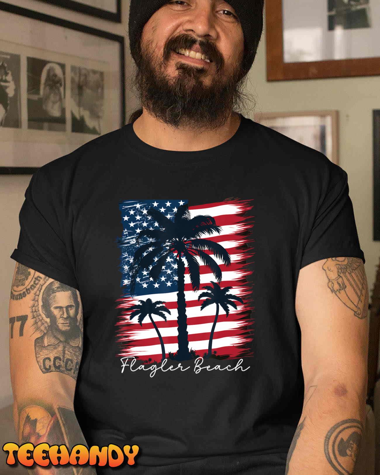 Flagler Beach – Patriotic American Flag Palm Trees T-Shirt