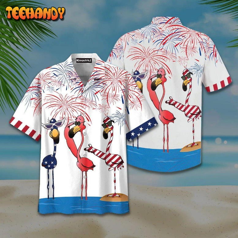 Flamingo American Flag Firework Hawaiian Shirt