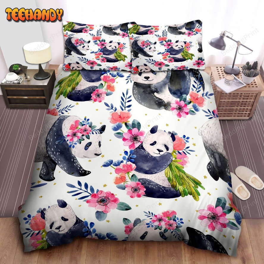 Floral Panda Duvet Cover Bedding Set