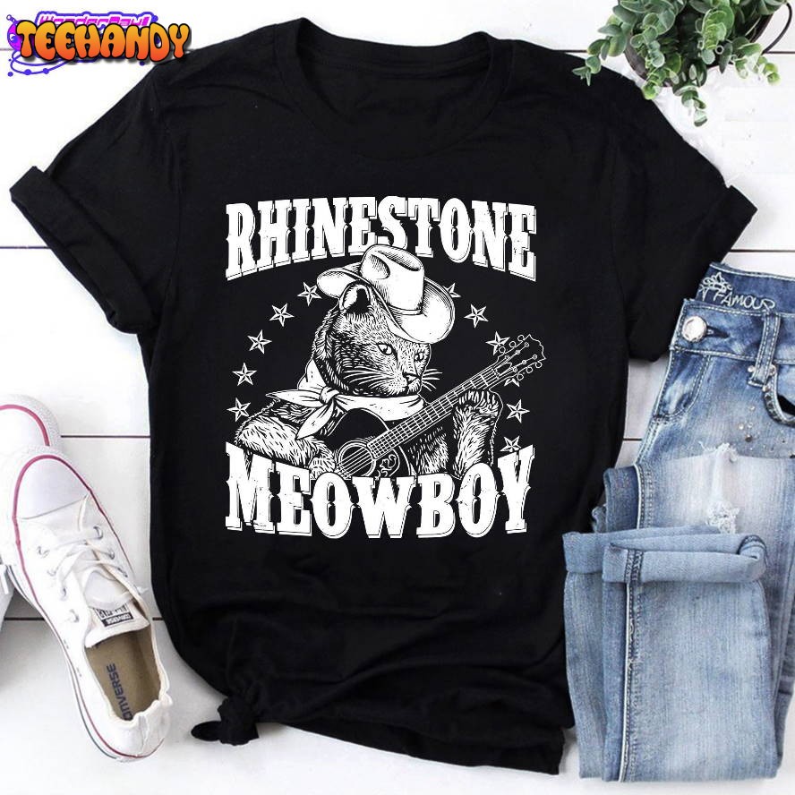 Funny Vintage Rhinestone Meowboy Cowboy Cat T-Shirt