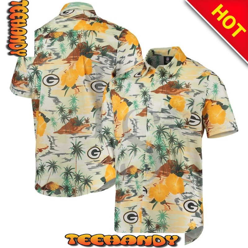 Green Bay Packers Cream Paradise Floral Hawaiian Shirt