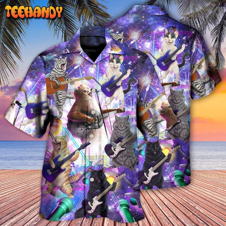 Guitar Music Cat Playing Guitar And Galaxy Hawaiian Shirt