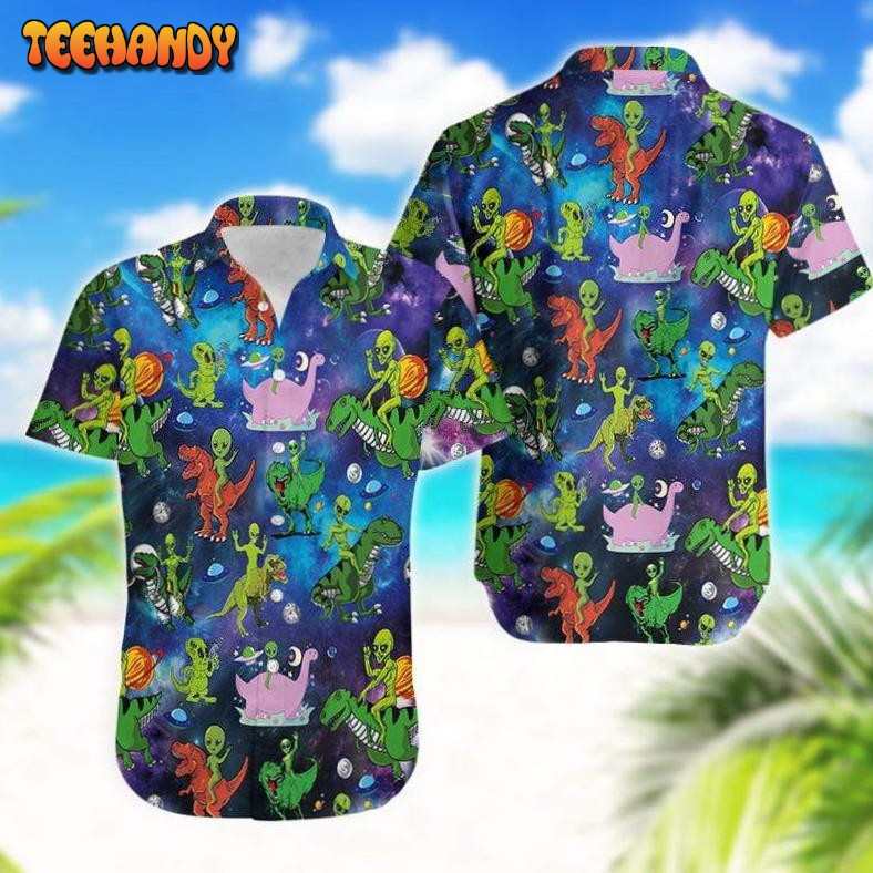 Hippie Trippy Alien Riding Dinosaur Tie Dye Hawaiian Shirt