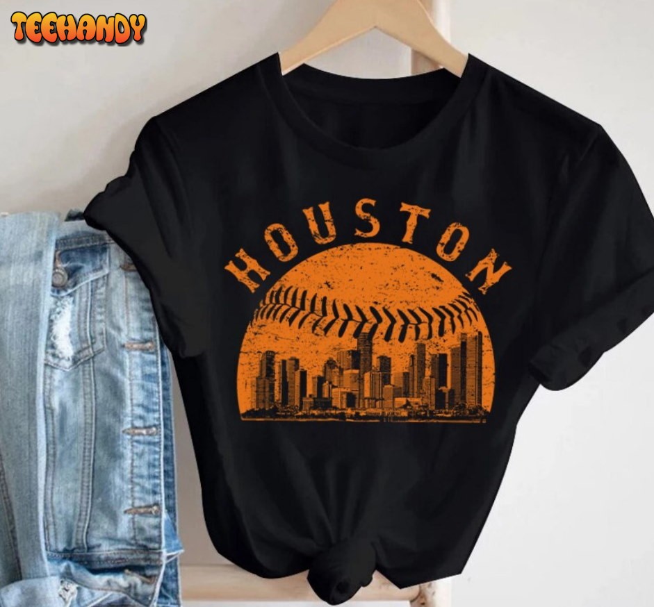 Houston Baseball Vintage Retro City Skyline Black Unisex Shirt