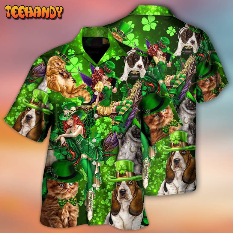 Irish Cat Girl St Patrick’s Day Green Light Hawaiian Shirt