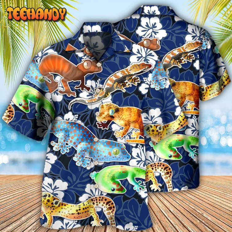 Leopard Gecko Blue Tropical Flower Hawaiian Shirt