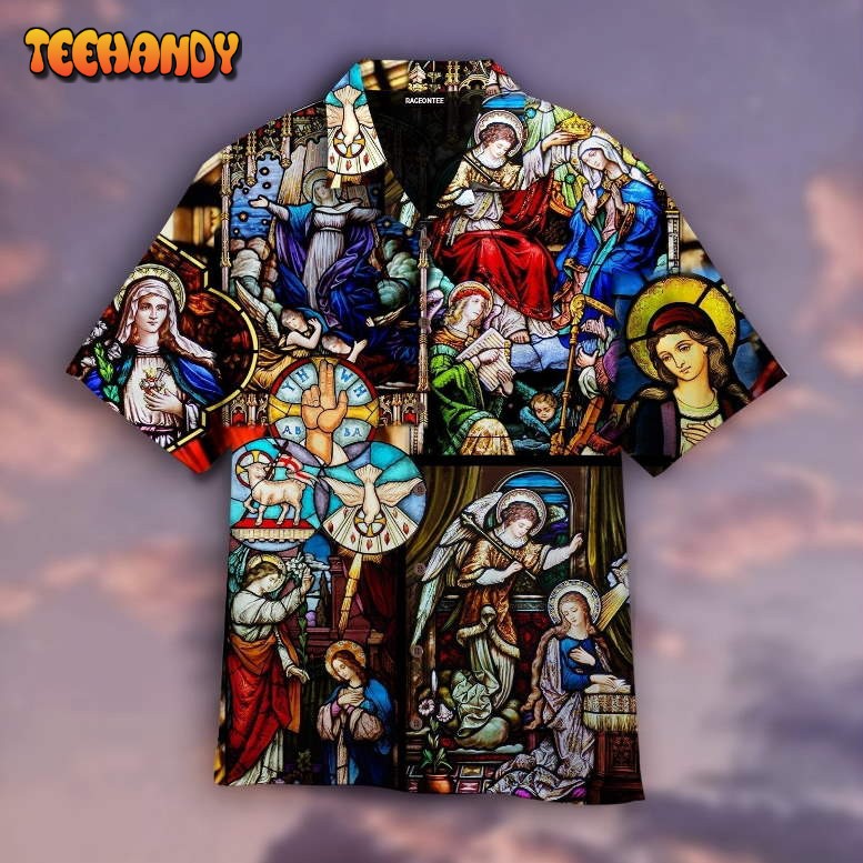 Mary’s Coronation Religious Stained Glass Window Hawaiian Shirt