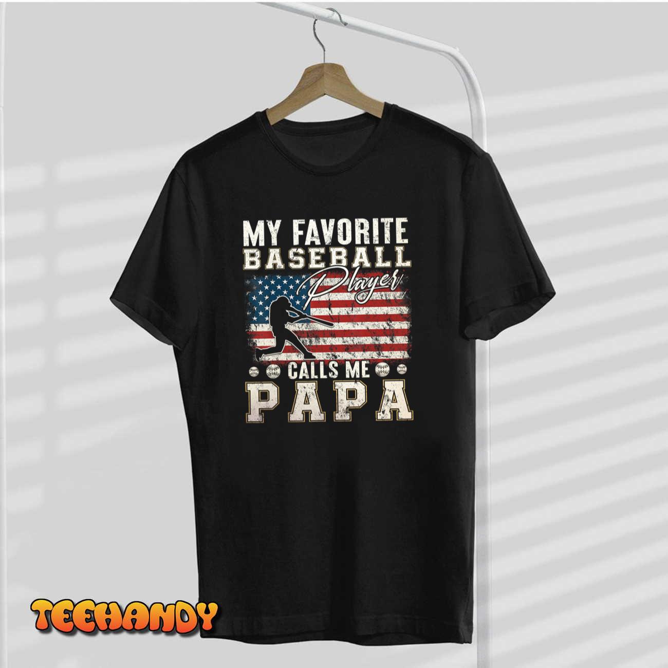 Mens My Favorite Baseball Player Calls Me Papa American Flag T-Shirt