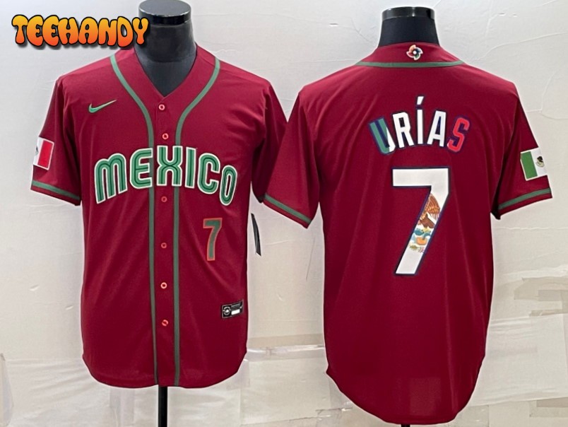 Mexico Julio Urias Red Green 2023 World Baseball Classic Jersey with Flag