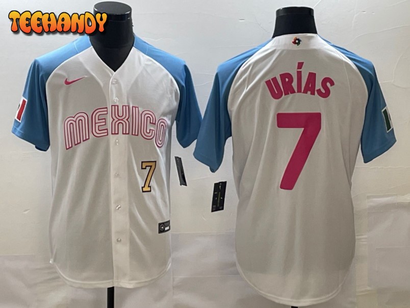 Mexico Julio Urias White Blue Pink Gold 2023 World Baseball Classic Jersey