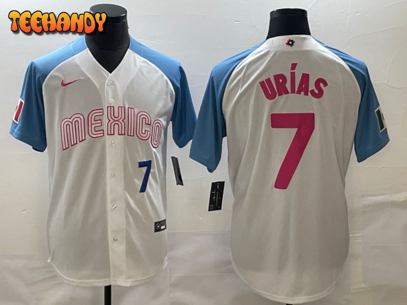 Mexico Julio Urias White Blue Pink Navy 2023 World Baseball Classic Jersey