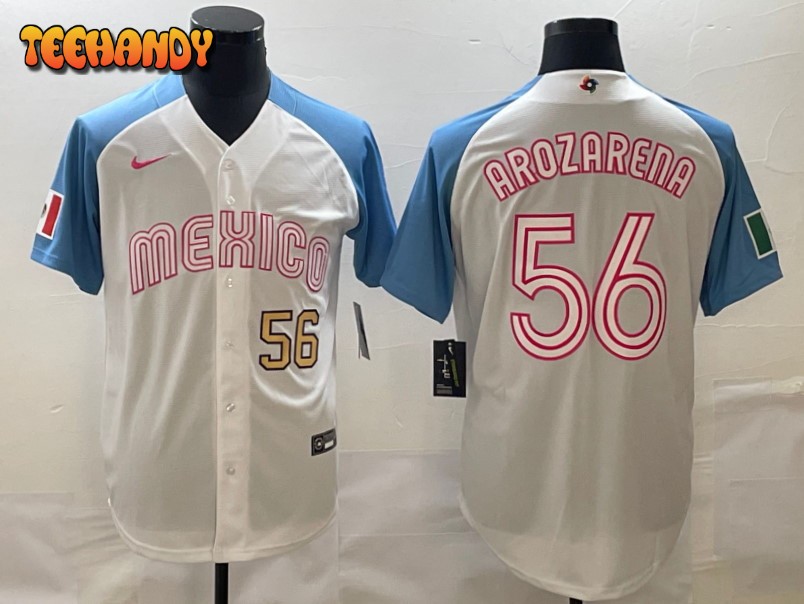 Mexico Randy Arozarena White Blue Gold Pink 2023 World Baseball Classic Jersey