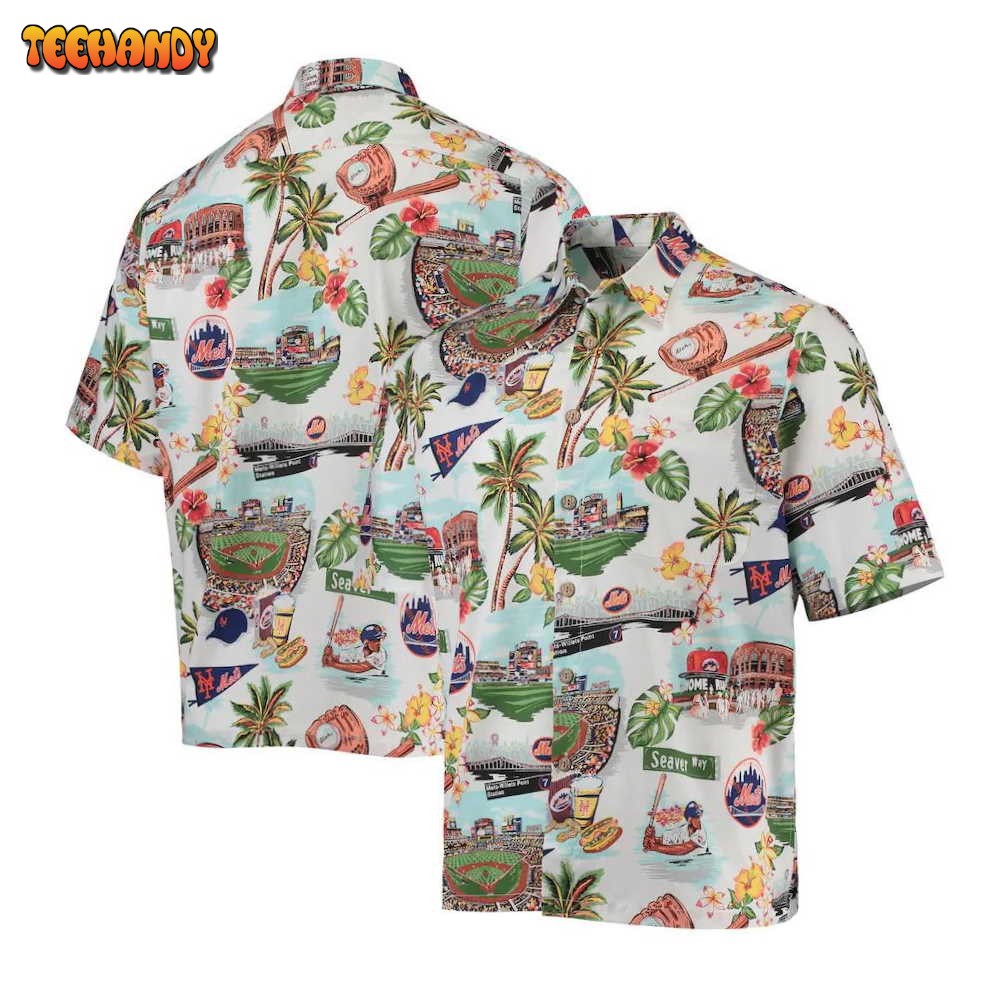 New York Mets White Scenic Hawaiian Shirt