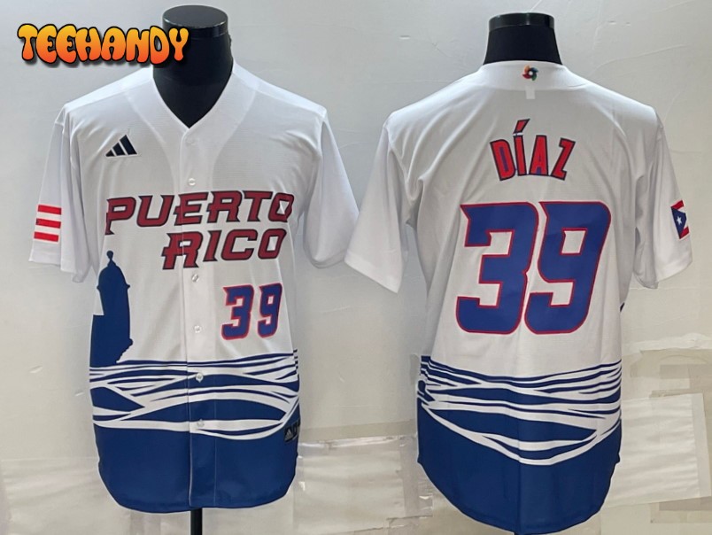 Puerto Rico Edwin Diaz White Blue 2023 World Baseball Classic Jersey