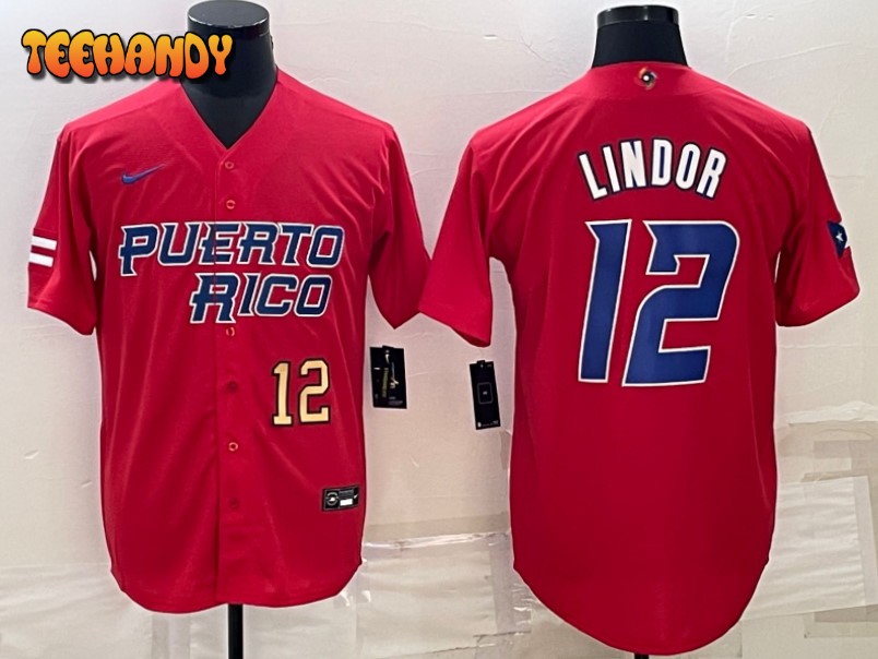 Puerto Rico Francisco Lindor Red Gold 2023 World Baseball Classic Jersey