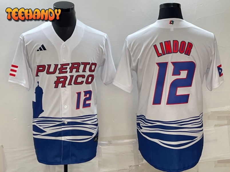 Puerto Rico Francisco Lindor White Blue Replica 2023 World Baseball Classic Jersey