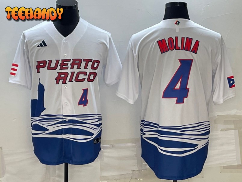 Puerto Rico Yadier Molina White Blue Replica 2023 World Baseball Classic  Jersey