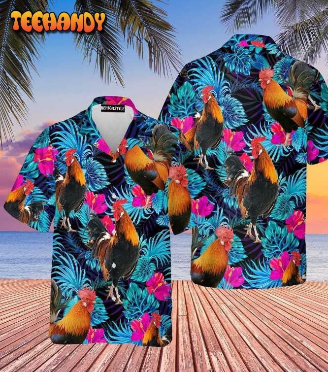 Rooster Blue Neon Tropical Hawaiian Shirt