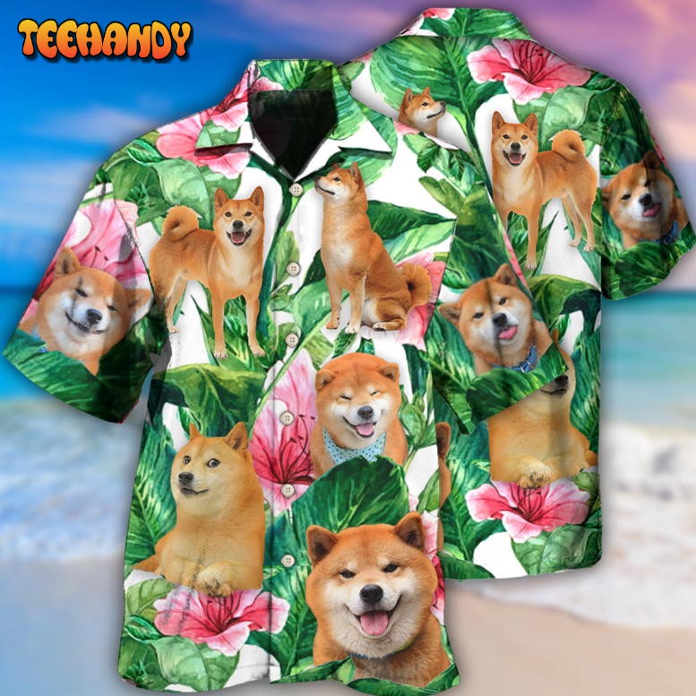 Shiba Inu Tropical Leaf Floral Style Hawaiian Shirt