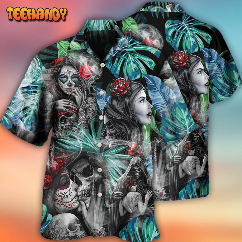 Skull Tropical White Smoke Red Flower Hawaiian Shirt