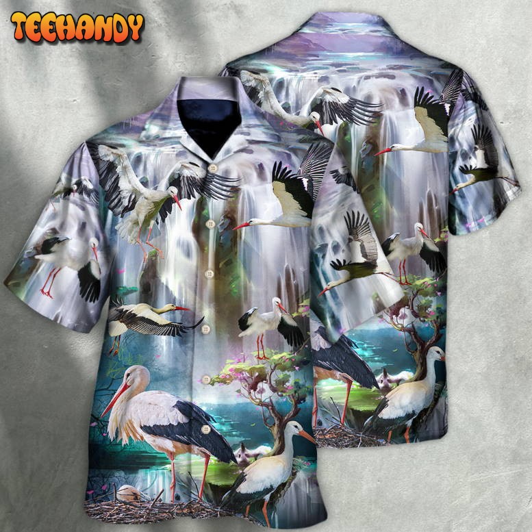 Stork Bird In The Dreamy Waterfall Hawaiian Shirt