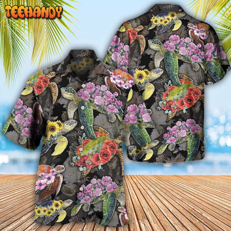 Turtle And Flowers Tropical Art Hawaiian Shirt