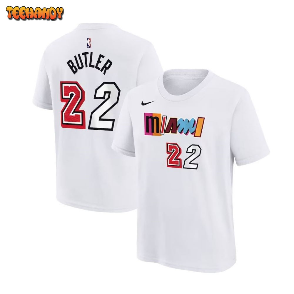 Youth Miami Heat Jimmy Butler White 2022-23 City Edition Name & Number  T-Shirt