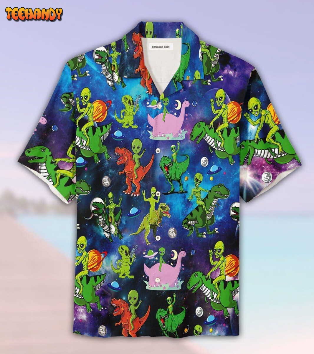 Alien Riding Dinosaur T-Rex Hawaiian Shirt