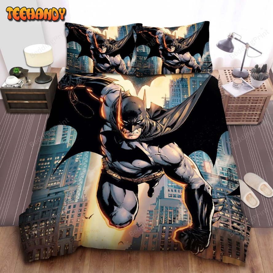 Batman Flying In The City At Sunset Art Duvet Cover Bedding Sets