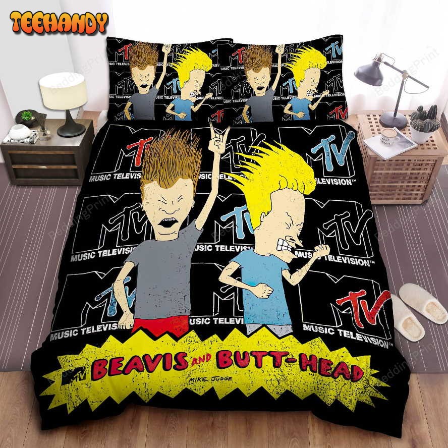 Beavis And Butt-Head Music Banging In Mtv Logo Background Bedding Sets