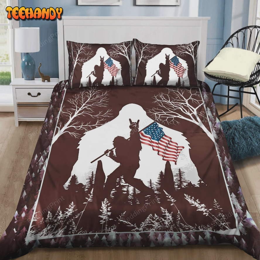 Bigfoot Rock And Roll Usa Flag In The Forest Duvet Cover Bedding Sets