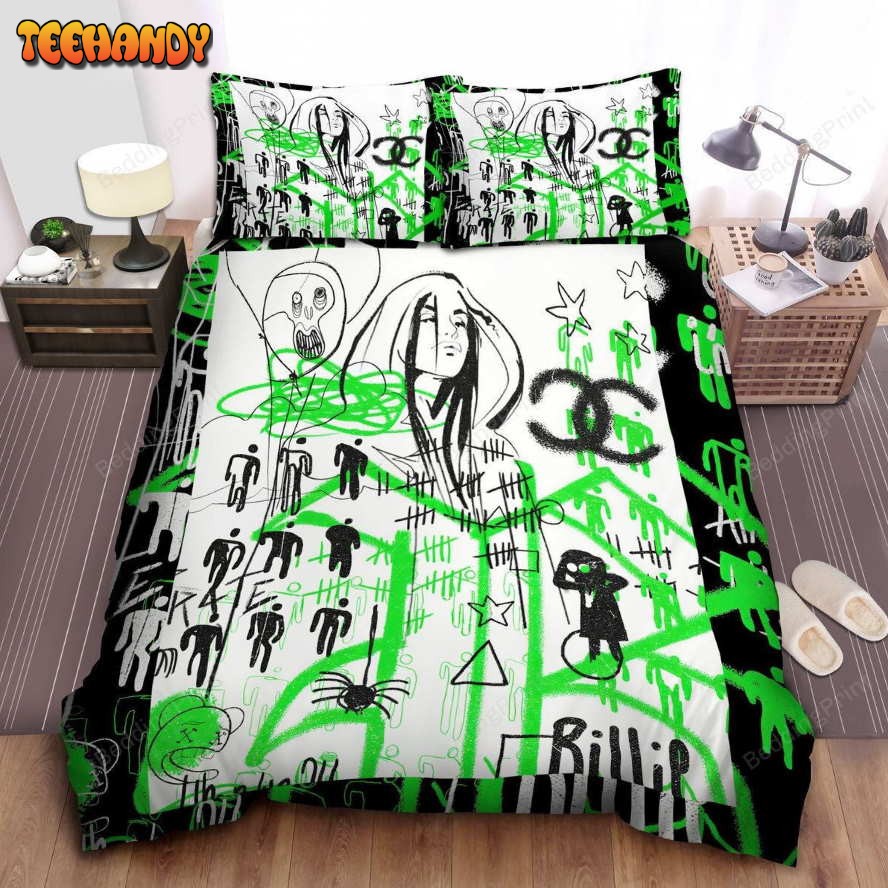 Billie Eilish Street Art Drawing In Green And Black Duvet Cover Bedding Sets