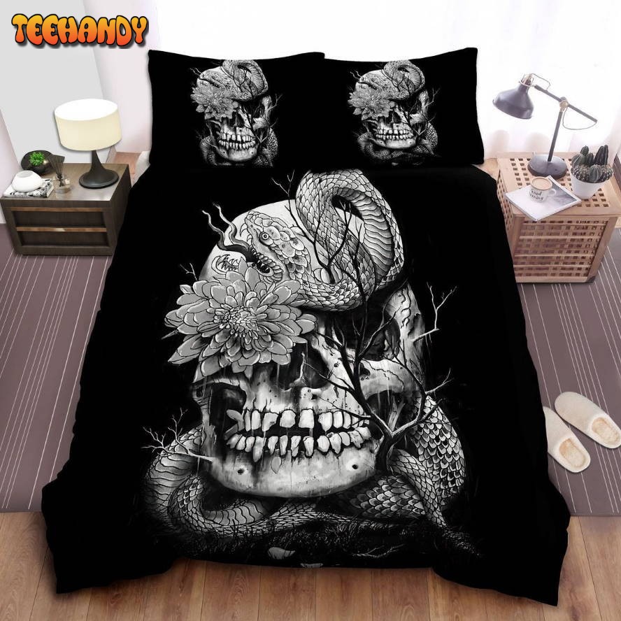 Black And White Skull Snake And Flower Drawing Duvet Cover Bedding Sets