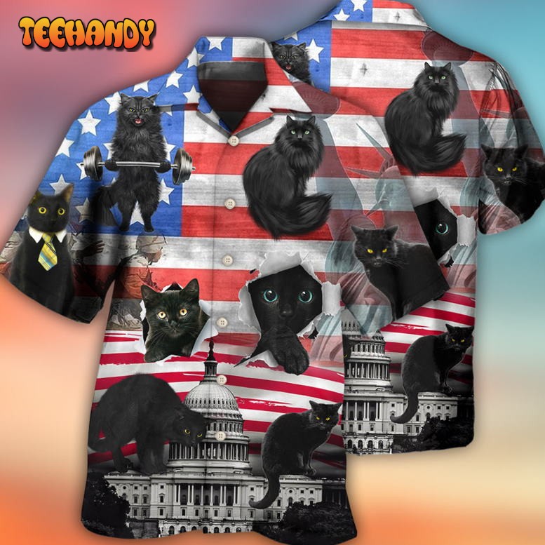 Black Cat Independence Day America Hawaiian Shirt